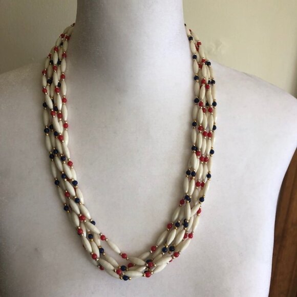 HONG KONG Red White Blue Lucite Bead 6 Strand Vintage Necklace - Picture 2 of 15
